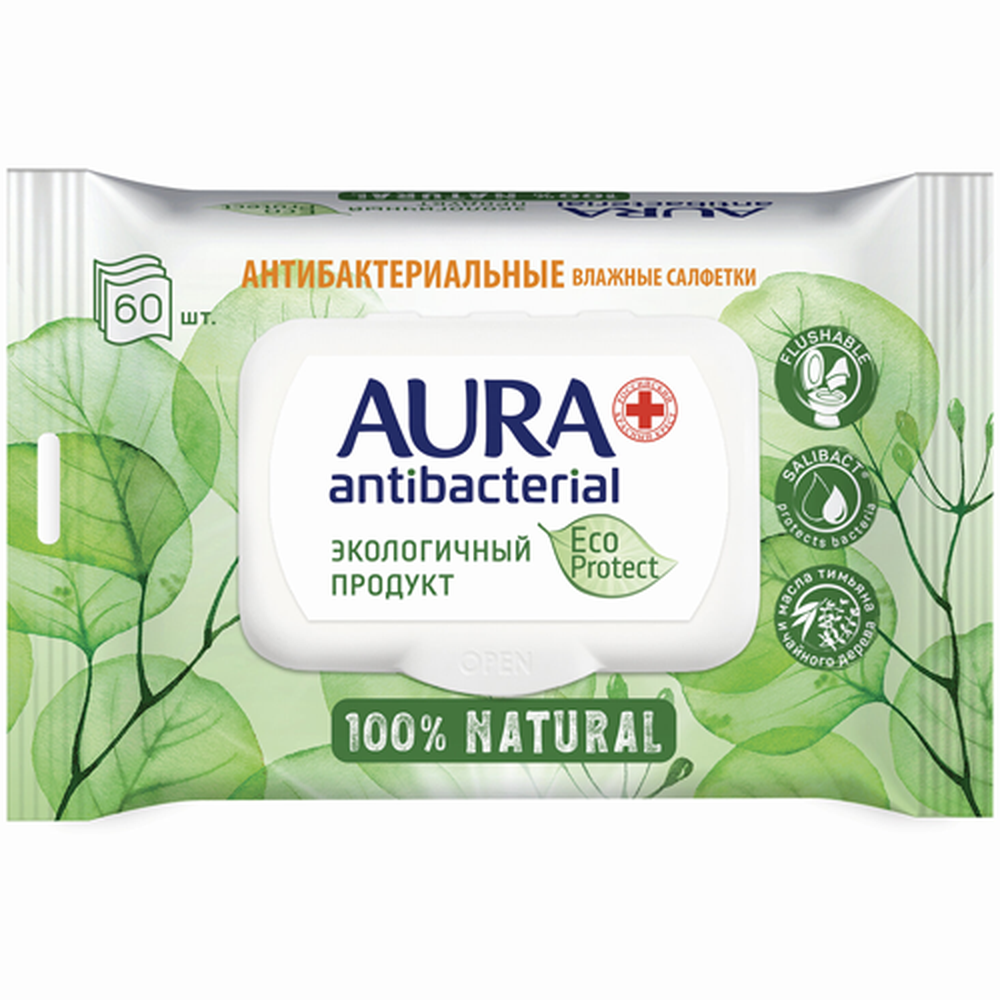 Салфетки влажные "Aura Eco", антибактериальные , 60 шт