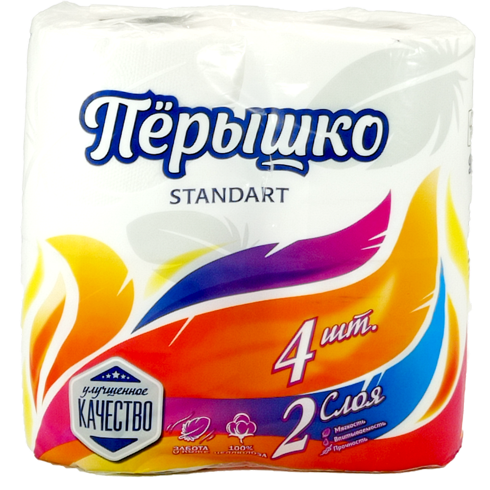 Бумага туалетная "Перышко", стандарт, белая, 2 слоя, 4 шт