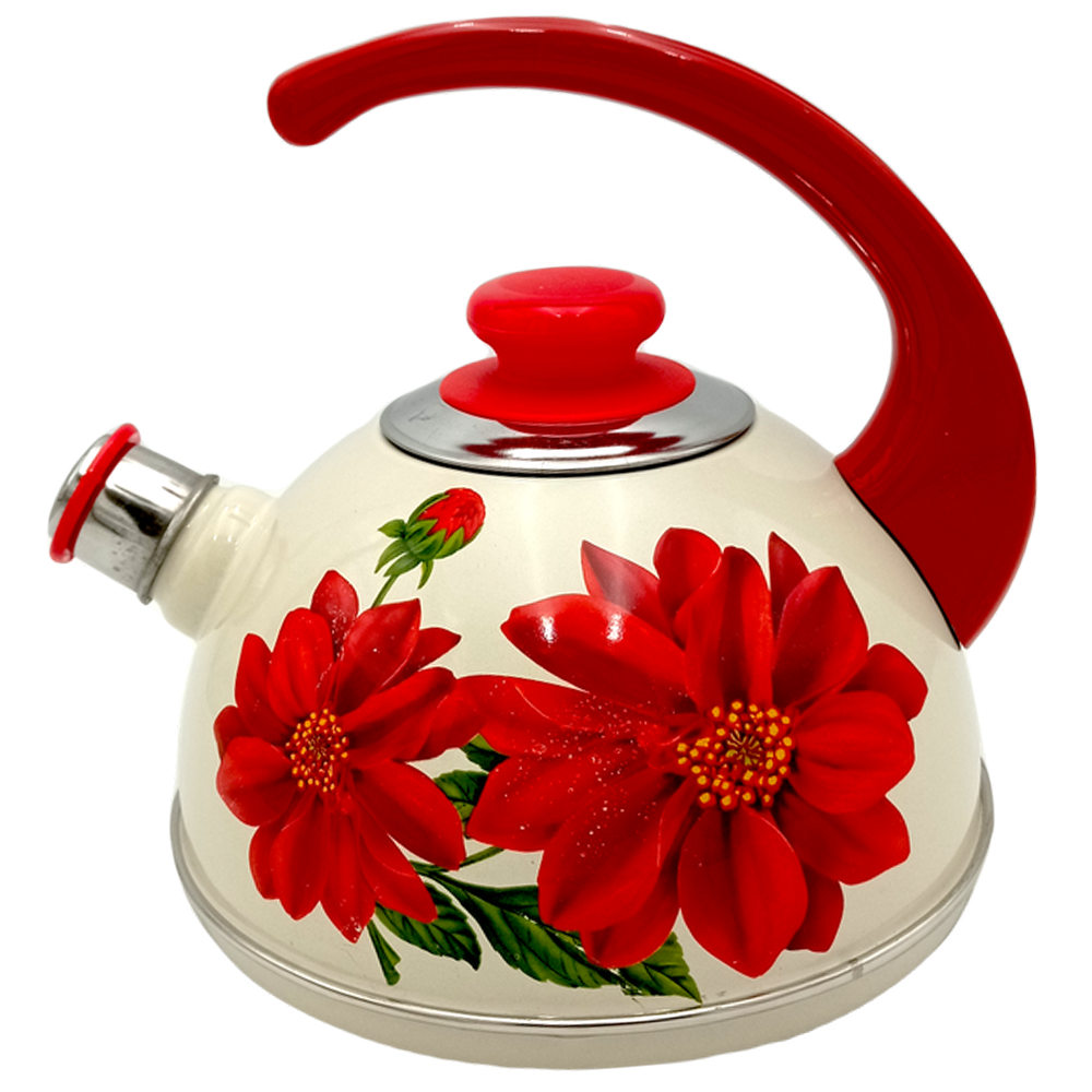 Чайник "Цветы", со свистком, бежевый, эмалированный, 2,5 л